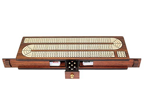 House of Cribbage - Continuous Cribbage Board Inlaid 4 Tracks Rosewood/Maple with Sliding Lids and Drawer