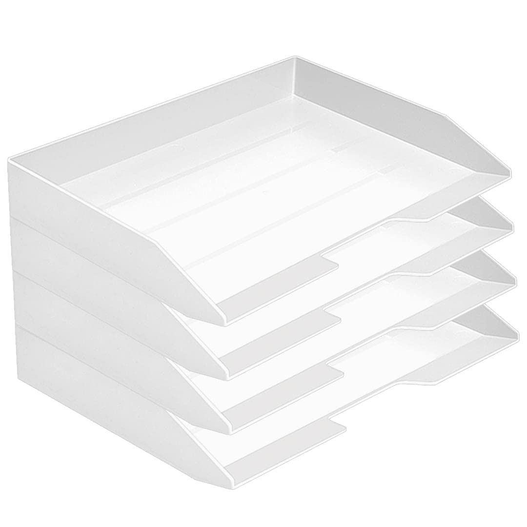 Acrimet 4 Tier Paper Organizer Letter Tray – Plastic Stackable Desk File Organizer, Side Load Paper Sorter for Letter/A4 Office File Folder Holder – White