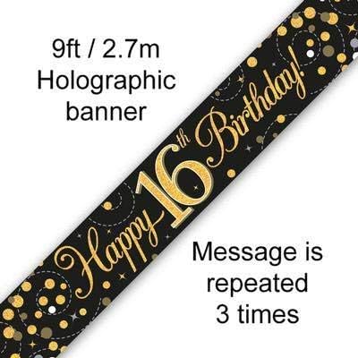 9ft Banner Sparkling Fizz 16th Birthday Black & Gold Holographic, Black/Gold, 274 cm x 12.5 cm