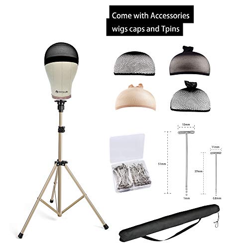 HYOUJIN Golden Wig Stand Metal Adjustable Mannequins head Wig Head Training Head Cosmetology Hairdressing Tripod Stand for Hair Extensions Canvas Block Wig Head (Golden)