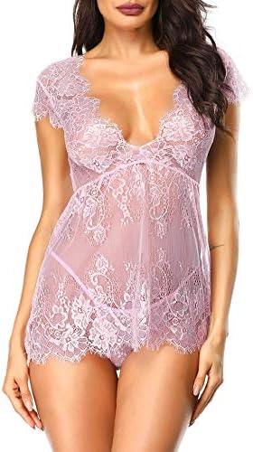LALAVAVA Women Sexy Lingerie Lace Babydoll Mesh Chemise V Neck Nightwear