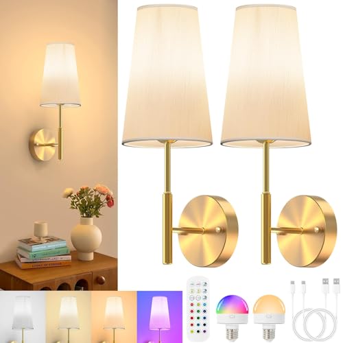 Bacane Wall Lights, Battery Operated Wall Sconce, Wireless Dimmable Wall Lamp with Remote Control for Bedroom, Living Room, 2 Pack (Bulbs Included)