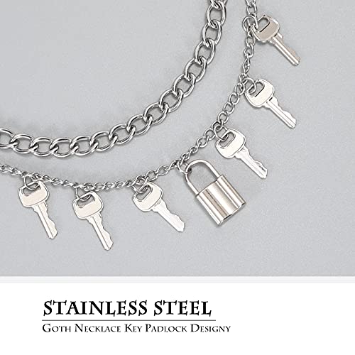 3 PCS Layered Chain Necklace Set for Men Women Stainless Steel Lock Pendant Necklace Punk Choker Necklaces Silver