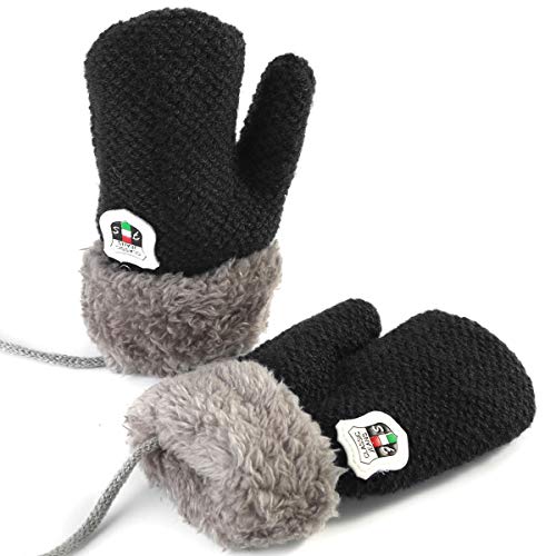 Winter Warm Baby Gloves Mittens - Infant Toddler Kids Knit Plush Lined Gloves Mittens with String for Baby Girls Boys 6 Months - 5 Years (Black) - Thumbnail 7