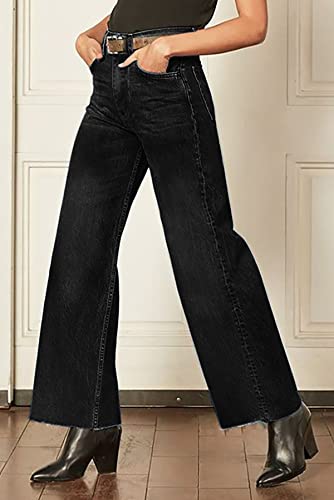 PEIHOT WOMENS RAW HEM WIDE LEG JEANS BLACK MID WAISTED STRAIGHT LEG JEANS DISTRESSED DENIM PANTS 2023 TRENDY
