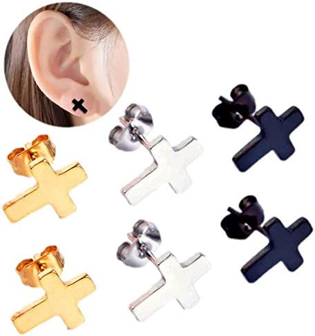 Men Women Girls Stud Earrings Classic Stainless Steel Charms Cross Pattern Earrings Studs for Sensitive Ears