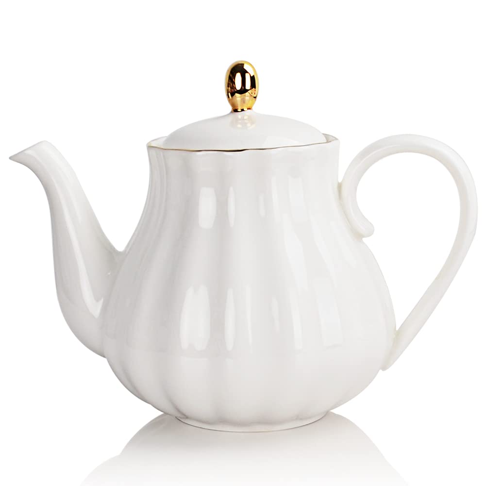 Sweejar Home Porcelain Tea Pot with Infuser and Lid,Teaware with Filter 890 ml for Tea/Coffee/Milk/Women/Office/Home/Gift (Pumpkin Shape, White1) — image 1