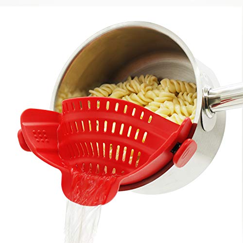 Strainer with 2 Clip for Veggies Pasta Ground Meat and More for Pots Pans,Made by FDA Approved, Heat Resistant Silicone, Red