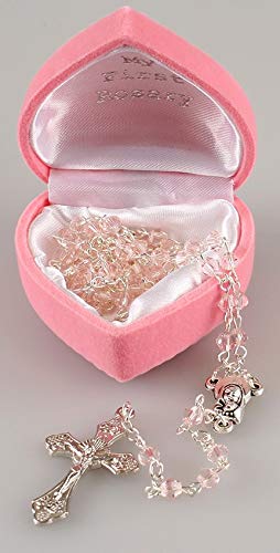 My 1st rosary childs girl pink glass small rosary beads + box fab Communion gift by C BC