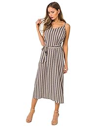 Alice CO - Vestido de verano para mujer con cuello en V y tirantes de espaguetis a rayas, estilo bohemio, con cinturón