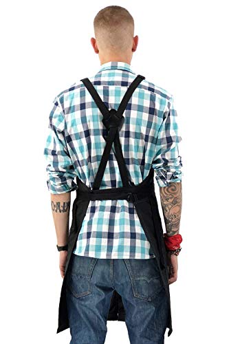 Cross-Back Barber Black Apron - Heavy-Duty Nylon, Water Chemical Resistant, Zipped Pockets, No-Tie, Split-Leg - Adjustable Men, Women - Pro Hair Stylist, Salon, Colorist, Artist