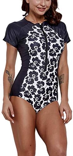 One Piece Swimsuit - Short sleeve Fashion FLower Printed Plus Size Front zipper Surfing Swimsuit Push Up Swimwear with Chest Pad, no steel ring Swimming Costume