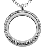30mm Round Floating Charm Locket Chrystal Rim Necklace 21.5 Inch Silvertone Magnetic Closure 302