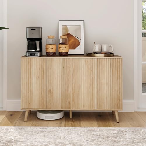 HOMCOM 47" Sideboard Buffet Cabinet with Storage, Modern Fluted Coffee Bar Cabinet with Adjustable Shelves and Wood Legs, Kitchen Credenza, Oak