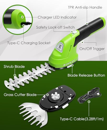 PINOZE Cordless Grass Shear & Hedge Trimmer - 2 in 1 Handheld 7.2V Small Electric Bush Trimmer, 2.0Ah Rechargeable Battery Powered Shrub Trimmers Grass Cutter for Garden, Yard, Lawn Care