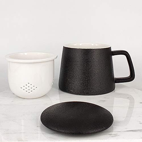 BPFY 13.5 Ounce Black Porcelain Tea Mug With Infuser and Lid, Ceramic Coffee Cup, Tea Cups for Loose Leaf Tea, Milk, Cocoa
