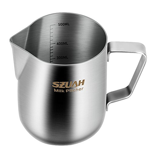 SZUAH Milk Frothing Pitcher, Stainless Steel Frothing Cup with Measurement Inside 17oz ( 500ml), Perfect for Latte Art, Espresso Maker, Cappuccino Maker