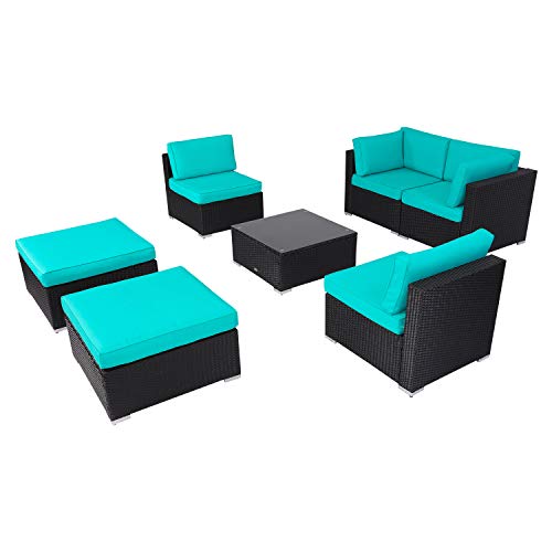 Peach Tree 7 PCs Outdoor Patio PE Rattan Wicker Sectional Sofa Furniture Set with 2 Pillows and Tea Table