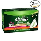 Always Ultra Overnight With Wings, Clean Scent Thin Pads 24 Count (Pack of 2)