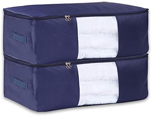 Comforter Storage Bags Containers,Pillow Beddings/Blanket Clothes Organizer Storage Containers With Zippers,Breathable and Moistureproof (NAVY BLUE, XL)