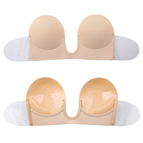 [NEWEST]Self Adhesive Deep U Plunge Bra Reusable Push Up Silicone Backless Sticky Reusable Adhesive Invisible Bras (CUPB, Beige)
