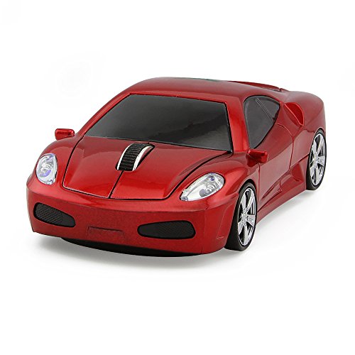 Usbkingdom 2.4GHz Sport Car Shape Wireless Mouse Optical Cordless Mice with USB Receiver for PC Laptop Computer 1600 DPI 3 Buttons Red