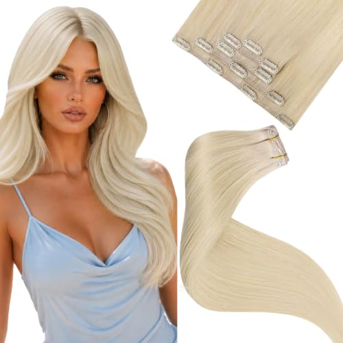LaaVoo Clip in Extensions Echthaar Blond Echthaar Extensions Clip Bleach Blonde Menschenhaar Hellblond 80g 5pcs #613 40cm