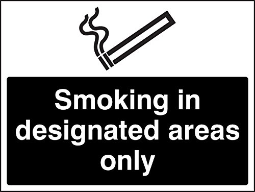 Caledonia Signs 13248K Smoking In Designated Areas Only White/Black Sign, Rigid Plastic, K: 400 mm x 300 mm