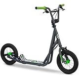 Mongoose Expo Scooter, Featuring Front and Rear Caliper Brakes and Rear Axle Pegs with 12-Inch Inflatable Wheels, Green/Grey