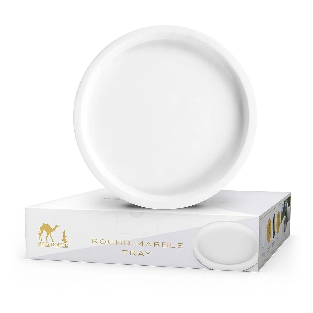 Silk Route Home Round Marble Tray White Vanity Multipurpose 25cm Dia, Bathroom, Storage, Dresser, Organiser, Kitchen Counter, Bedside, Coffee and Decorative Tray