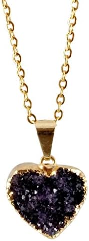 Purple Amethyst Druzy Heart Pendant - 22ct Gold Plated - Small - 18" Chain
