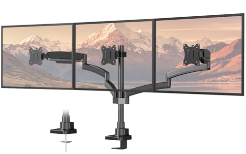 PUTORSEN Monitor Mount 3 Monitors for 17-32 Inch Screens, 10 kg per Arm, Adjustable Monitor Mount 3 Monitors with Heavy Duty Clamp and Feed-Through Mount, VESA 75/100 mm