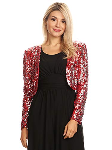Anna-Kaci Womens Shiny Sequin Long Sleeve Glitter Cropped Blazer Bolero Shrug, Red, X-Large