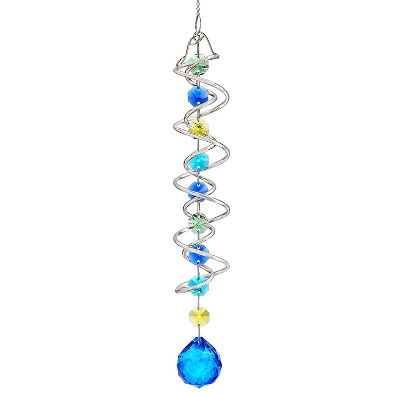 Crystal Rainbow Suncatcher,Hanging Suncatcher with Double-Spiral W/Sea Blue Crystal Ball and Chain,Glass Crystals for Indoor Outdoor Decoration,Decorative Wind Spinner Sun Catcher 17.7 inch