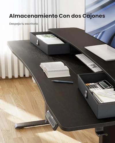 Escritorio Elevable,Escritorio Altura Ajustable con 2 Cajones, Escritorio de Ordenador Ajustable en Altura, Escritorio de Pie para Oficina en Casa con 4 Alturas Preestablecidas y 2 Ganchos(Negro)