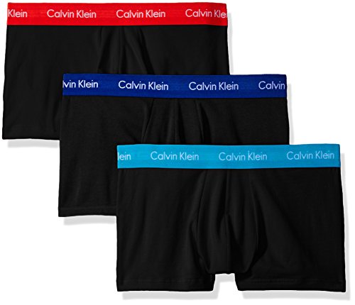 Calvin Klein Men's Underwear 3 Pack Cotton Stretch Low Rise Trunks, black/Prussian/Orange Rouge/Paradise, L