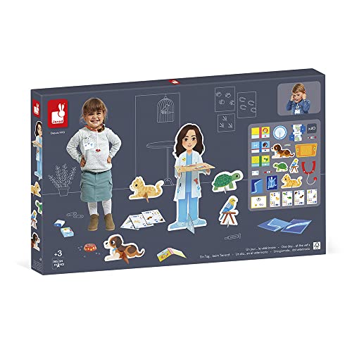 Janod - Un Jour … The Veterinarian - Imitation Craft Toy - 40 Accessories Included - Large Characters 65 cm - Develops The Imagination - FSC Certified - from 3 Years, J06622