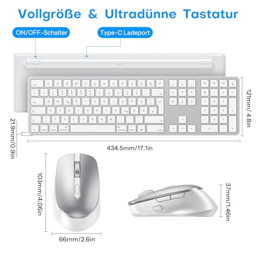 OMOTON Mac Keyboard Mouse Set Wireless for MacBook Air/Pro/iMac/iMac Pro/Mac Mini, Bluetooth Wireless Keyboard QWERTZ with Mouse, Rechargeable, Multi-Device, Ergonomic, Quiet Typing, German Layout