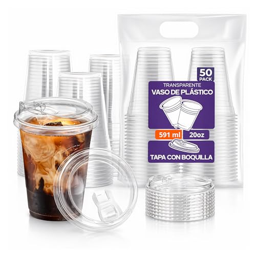 ROSE IMPACT Vasos Transparentes 20 oz con Tapa Tipo Boquilla para Bebidas Frías – Packs de 50 Vasos Resistentes con Tapa Incluida (50, 20oz)