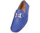 Amali Mens Royal Blue Perforated Smooth Loafer Driving Shoe with Silver Double Bar Ornament: Style 1052-052