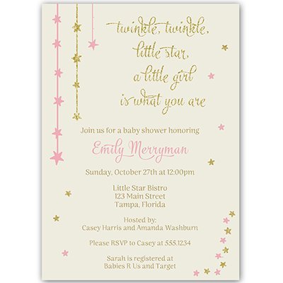 Twinkle Little Star, Baby Shower Invitations, Pink, Gold, Ivory, Glitter, Sparkle, Girls, Over the Moon, Wish Upon a Star, Customized, 10 Printed Invites and Envelopes, Twinkle Star