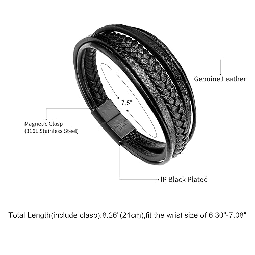 murtoo Mens Leather Bracelet with Clasp Cowhide Multi-Layer Braided Leather Mens Bracelet