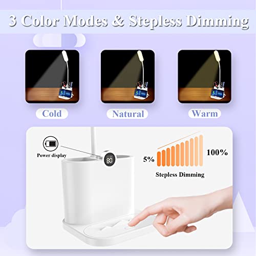 GEEKBOY LED Desk Lamp with USB Charging Port, Power Display Table Lamp with 2 Pen Holders & 360° Adjustable Arm, 3 Color Modes Stepless Dimming Rechargeable Desk Lights for Home Office Dorm