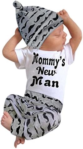 LAIMENG 3Pcs Set Infant Clothes Baby Boy Romper Tops+Long Pants+Hat Cute Fashion Mustache Print Outfits (0-3M, Black)