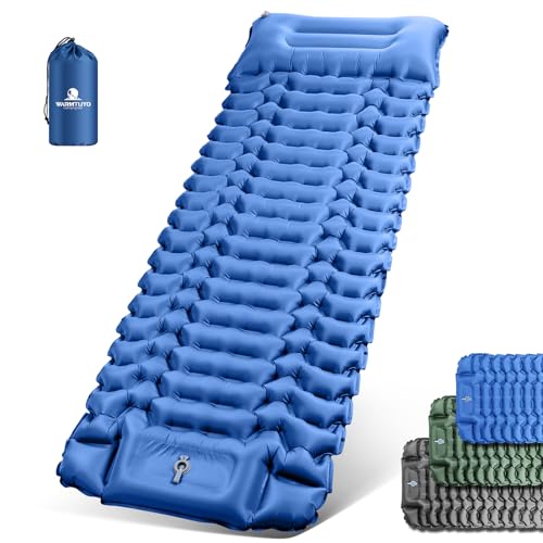 WARMTUYO Isomatte Camping, Ultraleicht Camping Aufblasbare Matratze mit Fußpresse Pumpe und Kopfkissen, Faltbare Wasserdicht Luftmatratze Anti-Ripstop