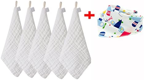 Rohern 5-Pack Baby Muslin Washcloths with a Natural Organic Cotton Baby BibBaby Face Hand Towel Sets with a Natural Organic Cotton Baby Bib (White)
