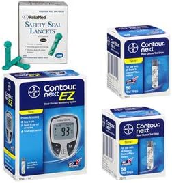 Bayer Contour Next EZ Meter Kit Combo (Meter Kit, Test Strips 100ct and Reliamed Safety Seal Lancets 100ct)