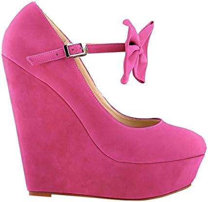 VASHOP Womens Bow-Tie Faux Velvet Platform High Heels Wedge Ankle Strap Party Pumps,Rose/12