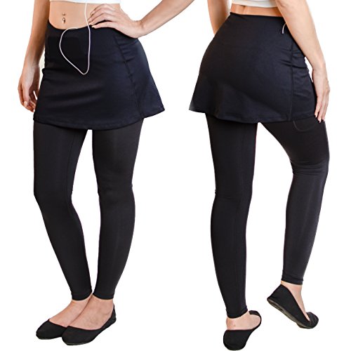 Sport-it Women's Leggings Skirt Black Golf Skirt, Skirted Leggings, Active Skirt with Pockets, Black Running Skort Plus Size Skirt with Tights Attached (XL Extra Large)
