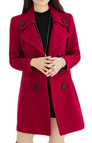 JWK Women's Double-Breasted Slim Wool-Blend Solid Winter Pea Coats Red1 L